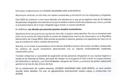 ACNUR agradece al colegio su compromiso con los refugiados y refugiadas